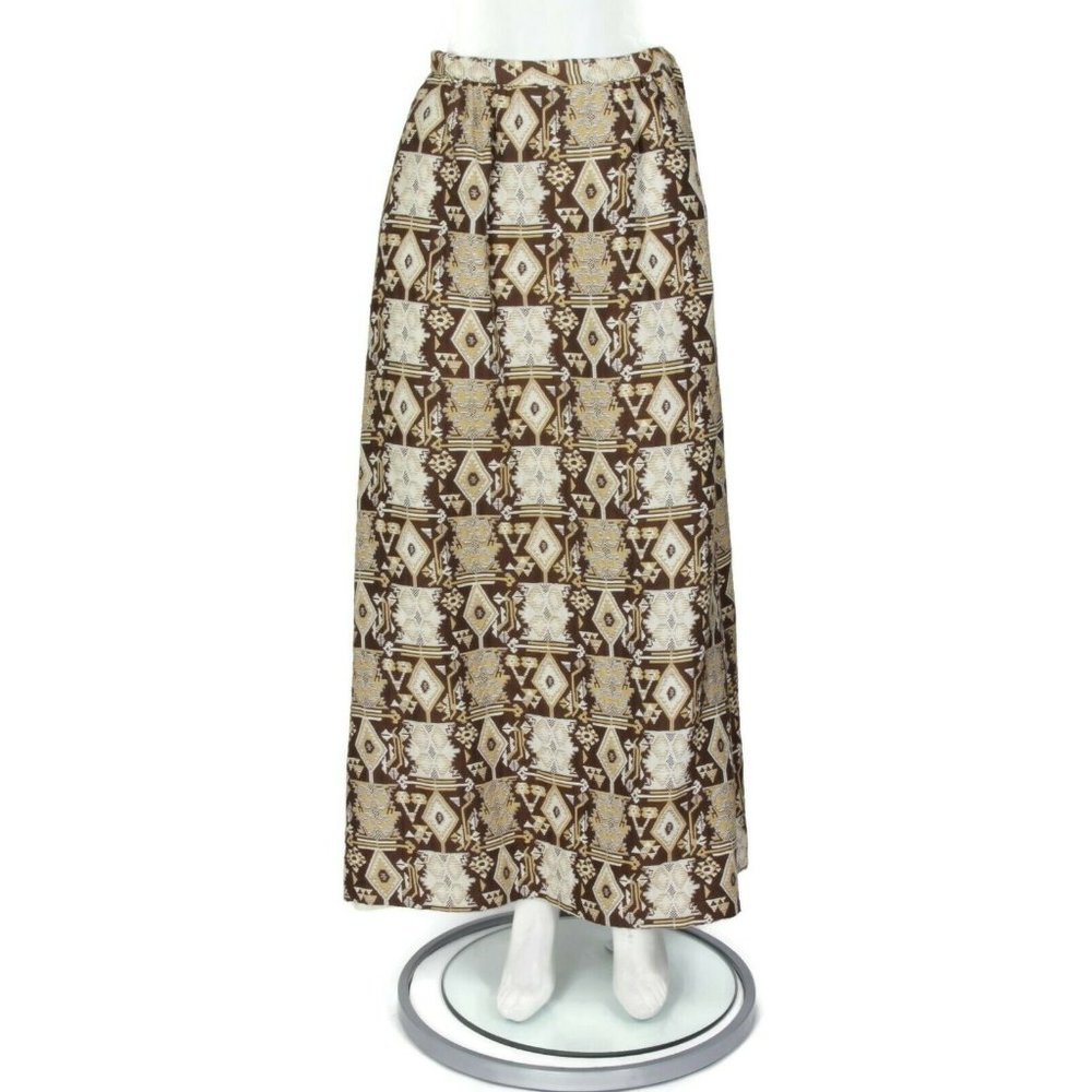 Nelly de Grab Vintage 70s Embroidered Aztec Maxi Skirt Brown Ivory XS/S - 166